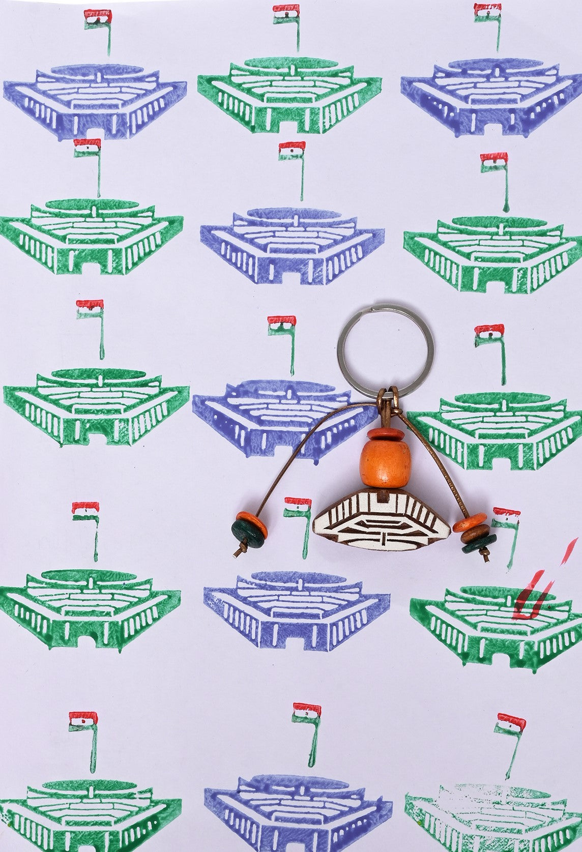 Hand Carved Wooden Keyring New Parliament of India