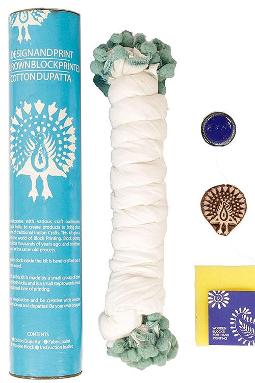 DIY Block Print Your Own Dupatta kit Blue Peacock