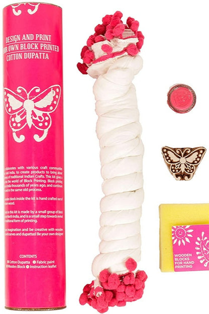 DIY Block Print your own Dupatta kit Pink Butterfly