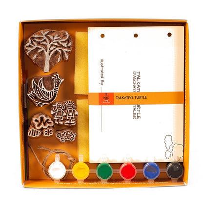 DIY Wooden Block Printing Craft kit Print your own Panchtantra Story book Talktive Turtle